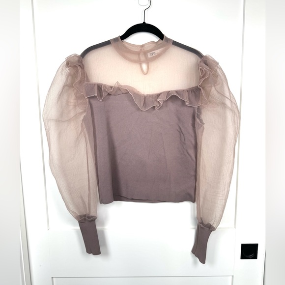 ZARA Dusty Pink Chiffon Ruffle Organza Top Puff Sleeves Size Large - Picture 4 of 11